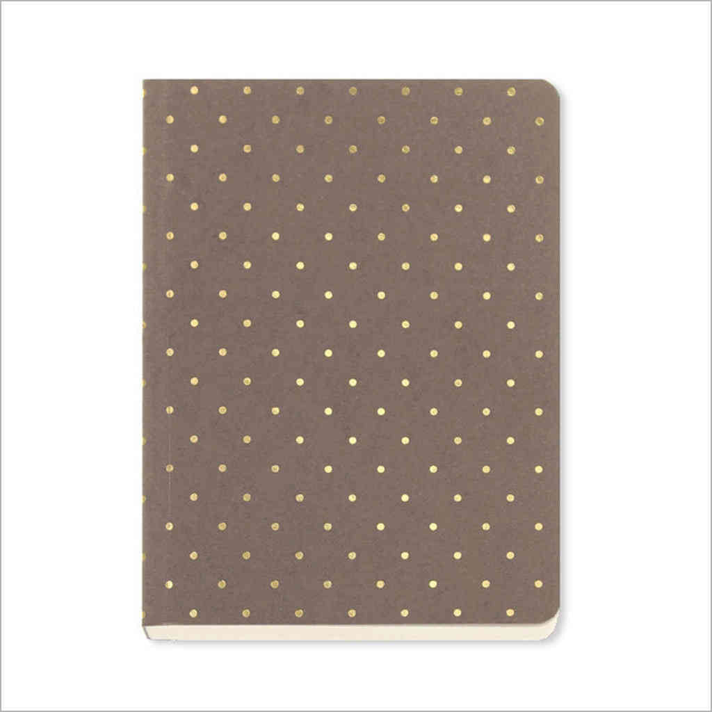 A6 notebook with taupe cover decorated in mini gold polka dots by GO Stationery