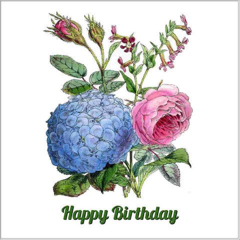 Birthday greeting card with vintage hydrangea and rose illustration