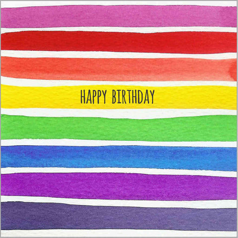 Birthday greeting card with a bright spectrum of watercolour stripes