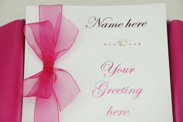 Personalised luxury greeting card metallic pink script with hot pink organza ribbon and diamantes