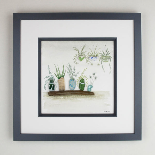 Watercolour painting of houseplants with sea glass and driftwood