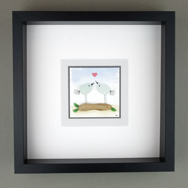 Seaglass Lovebirds on Driftwood Watercolour Painting