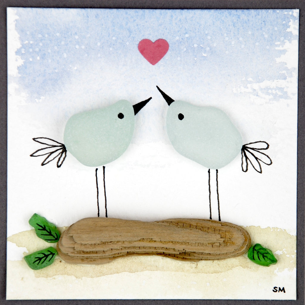 Seaglass Lovebirds on Driftwood Watercolour Painting