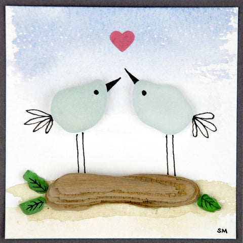 Seaglass Lovebirds on Driftwood Watercolour Painting