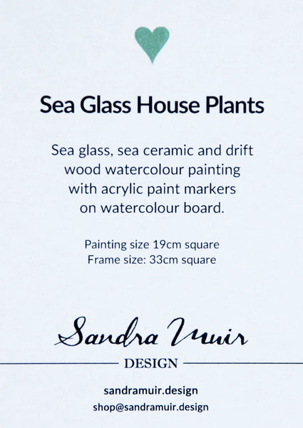 Watercolour painting of houseplants with sea glass and driftwood