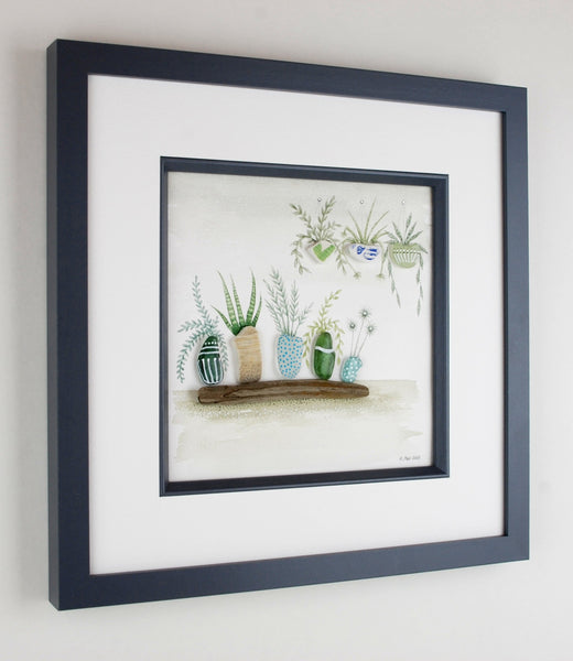 Watercolour painting of houseplants with sea glass and driftwood