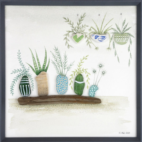 Watercolour painting of houseplants with sea glass and driftwood
