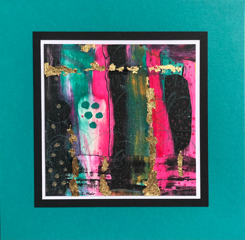 Original acrylic painted greeting card with gold leaf - pink, turquoise & black