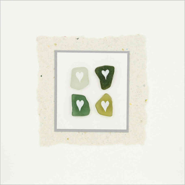 Hand-made greeting card with sea glass from Scottish beaches hand-painted with white hearts