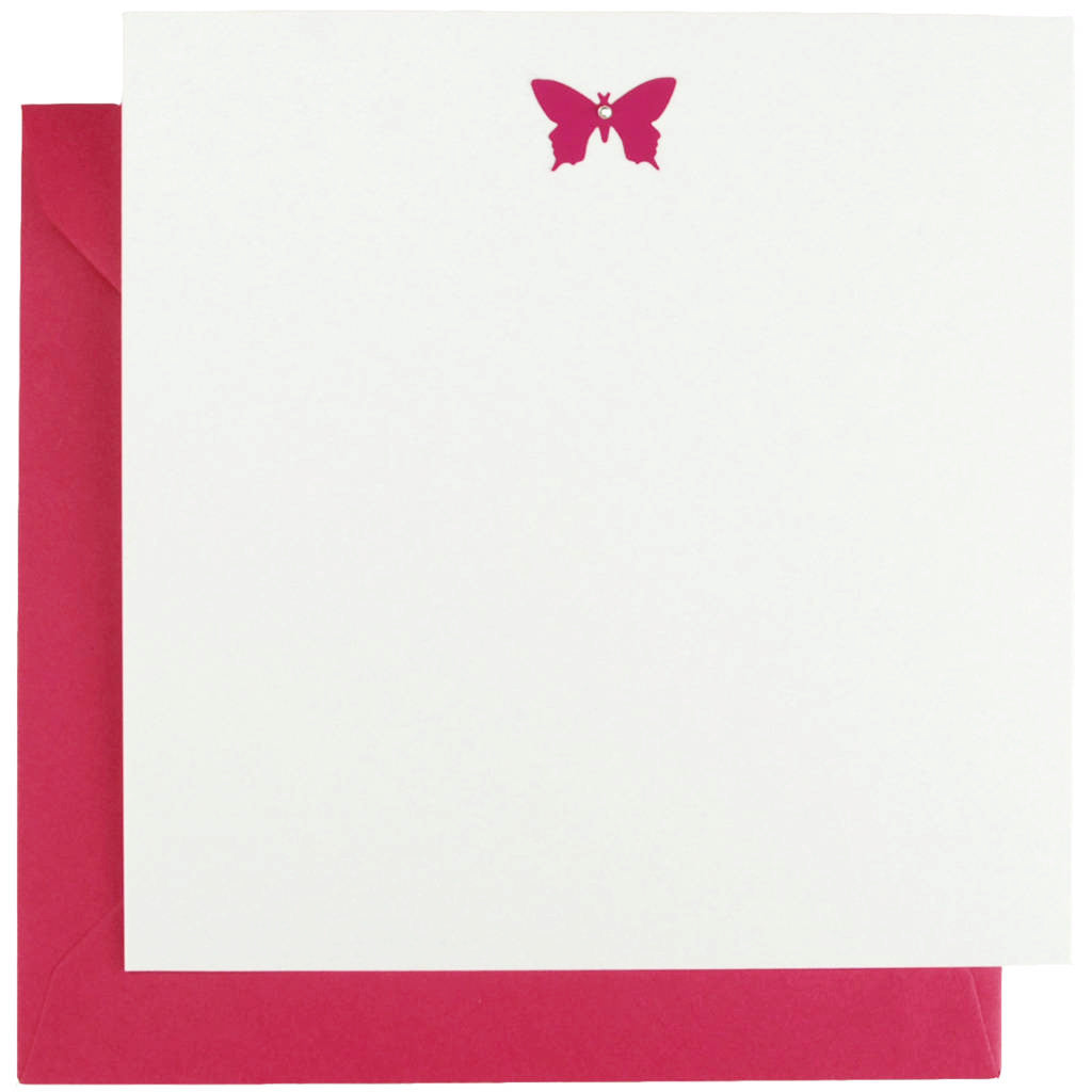 Set of 10 notecards with a pink diamante-encrusted butterfly