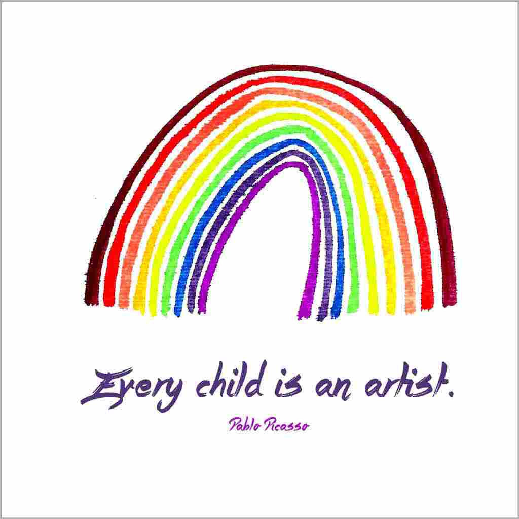 Sandra Muir Design greeting card of original hand-painted rainbow with Pablo Picasso Every Child quote