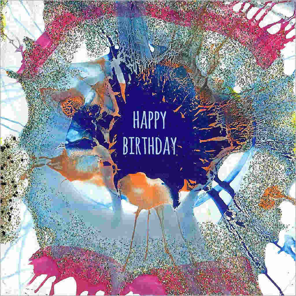 Birthday greeting card with hand-painted spiral splash art design