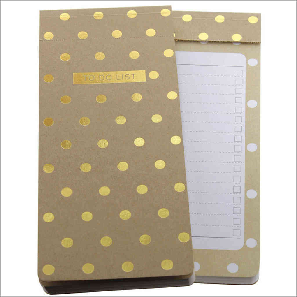 to-do list is finished with mini gold polka dots on a kraft cover