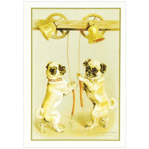 Vintage Christmas card featuring two pug dogs