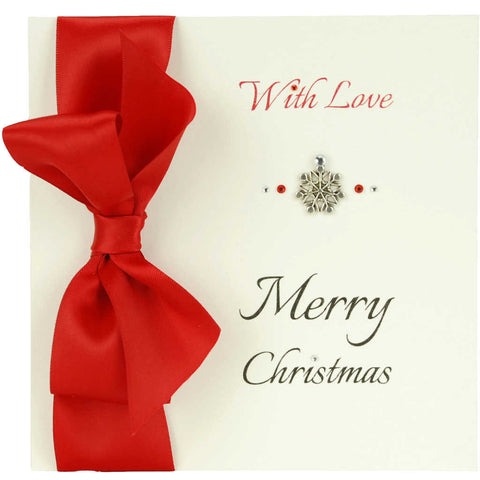 Merry Christmas handmade greeting card with red sating ribbon and diamantes
