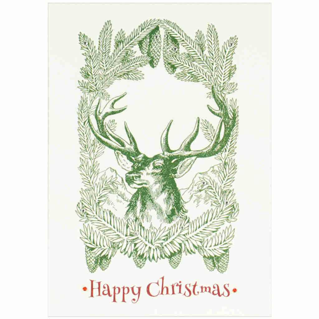 Christmas card featuring a stag among a pine wreath, hand-crafted with red and white diamanté detailing