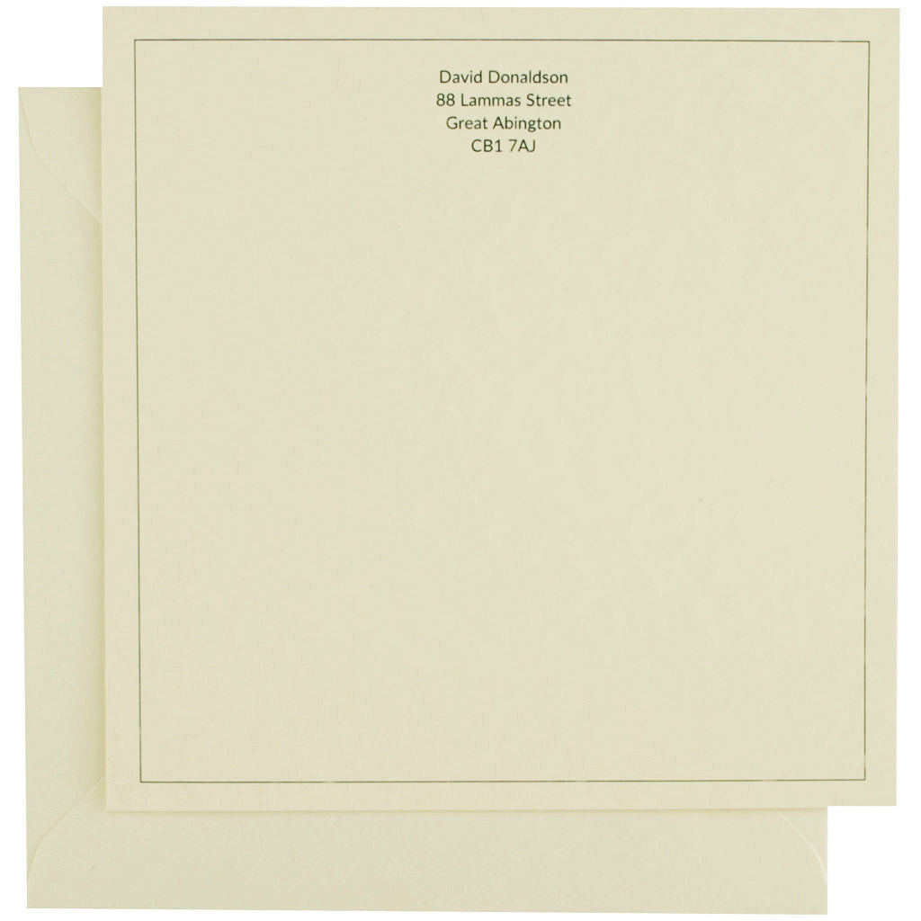 Personalised correspondence cards in cream with racing green text by Sandra Muir Design