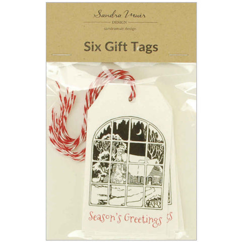 Pack of six gift tags featuring a Christmas window scene threaded with red and white baker's twine.
