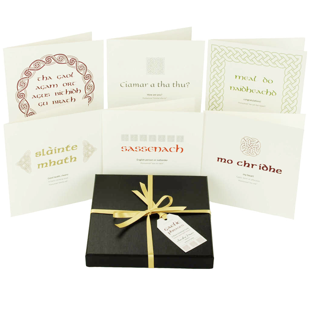 Outlander Jamie Claire box set greeting cards of Gaelic phrases, made in Scotland