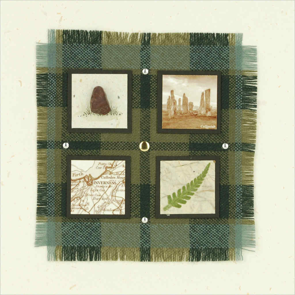 Outlander-inspired hand-made greeting card featuring clan tartan, Callanish Standing Stones, Scottish fearn, Highland map detail. Made in Scotland.